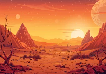 Fototapete Sci-fi red mars alien landscape. UI Gaming landscape with mountains, rocks, and planets in the sky. © Mark