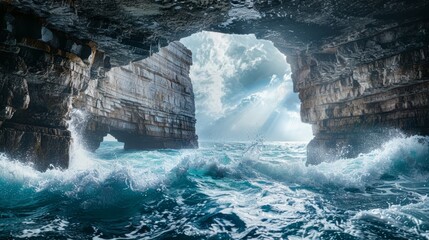  A sizable water body with waves emanating from it, encompassing a central rock formation