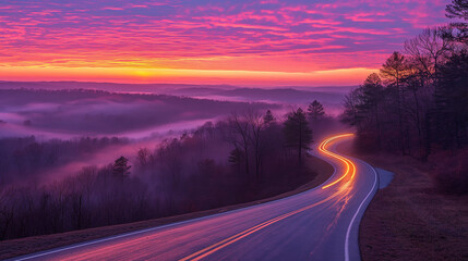 
A winding road set against a breathtaking backdrop of a sunset or sunrise. The sky is painted in hues of pink, purple, and orange, with the sun near the horizon casting a warm glow