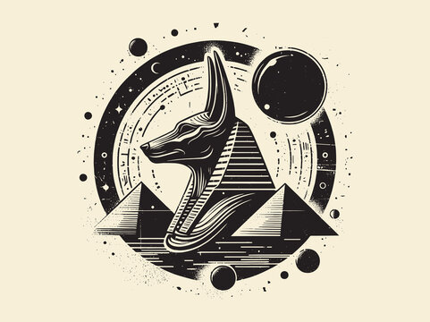 recommend clip art: Egyptian god Anubis and the pyramids. Black vector illustration. Abstraction, tattoo sketch, print	