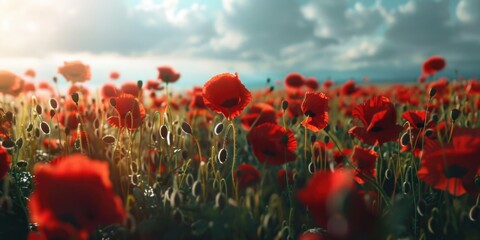 Obraz premium Red poppy field under cloudy sky