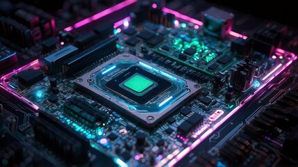 Obraz premium High-Tech Circuit Board Close-Up - Glowing Processor in Electronic Motherboard
