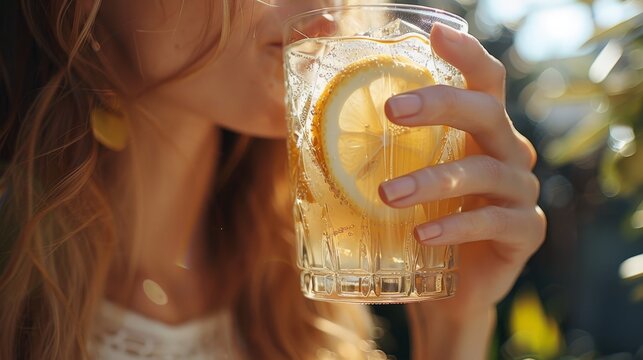 A person drinking a cold lemonade on a sunny day, refreshing drink