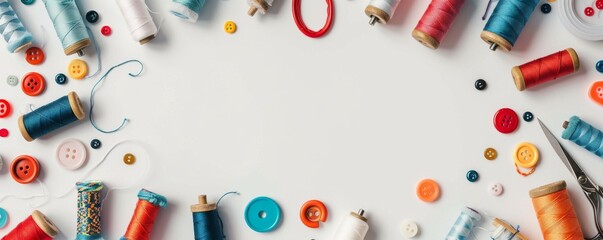 Bright colorful threads, buttons and other sewing supplies on a light soft background, great for a sewing school website