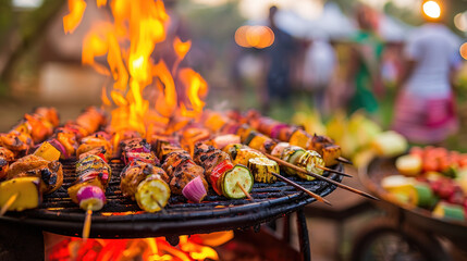 Barbeque with meat, vegetables and mushrooms on the grill. Grilled steak and vegetable lunch on coal fire. Healthy eating picnic outside in springtime.