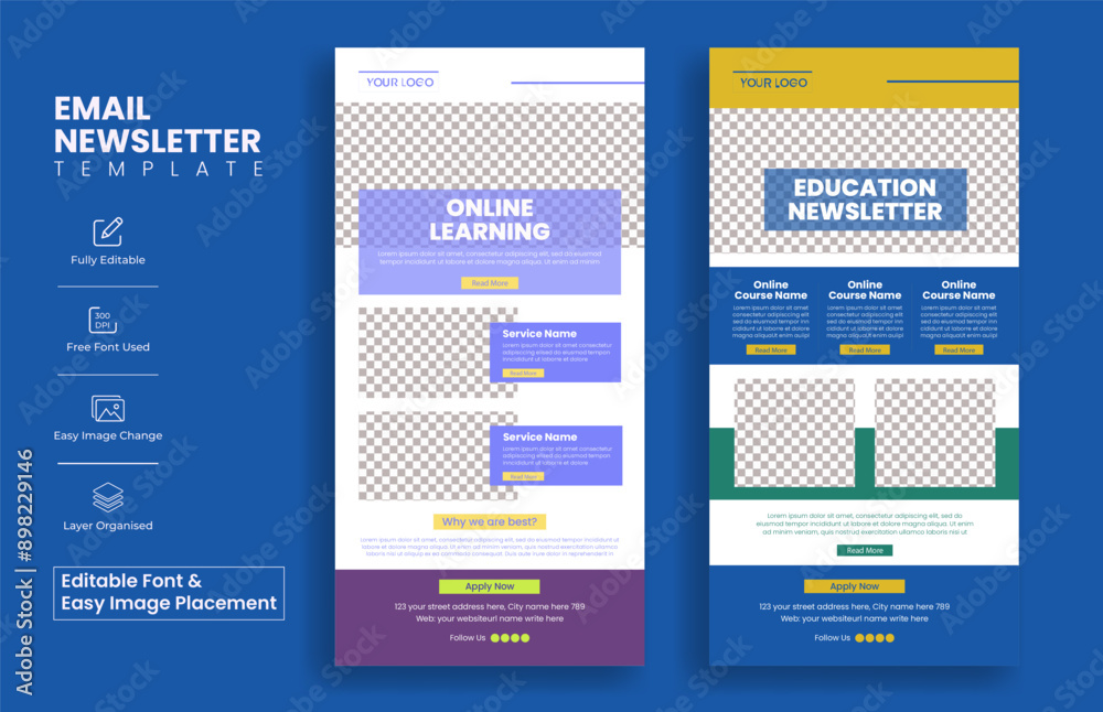 Wall mural set of editable email newsletter template for education, study abroad and online learning website ui