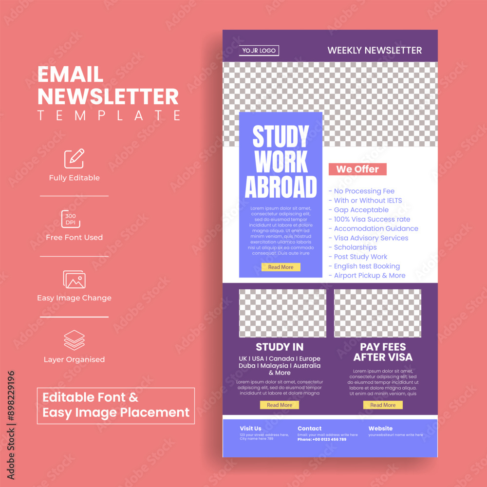 Wall mural education email newsletter editable template for study abroad and online learning website ui interfa