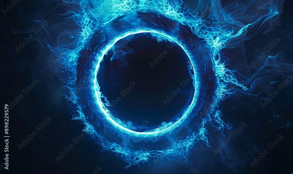 Poster an abstract sci fi background with a blue circle surrounded by an analog wave and dashed circles tha