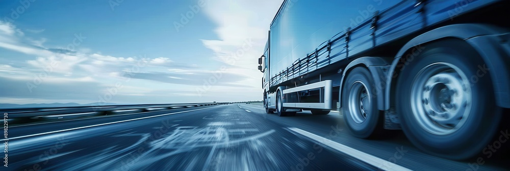 Aufkleber a semi-truck drives on a highway with a wide horizon and a blue sky with clouds. generative ai