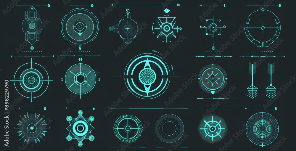 Poster ui for hud. circle target frame for game user interface. military sniper weapon sight hologram. mode