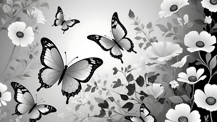 White paper butterflies and floral designs on black background for elegant invitations, greeting cards, or wall art prints. Perfect for sophisticated decor. 6