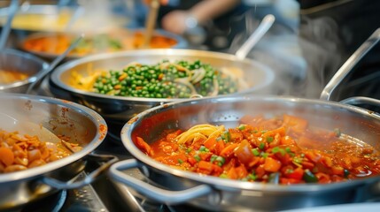 Obraz premium Assortment of steaming food in stainless steel pans.