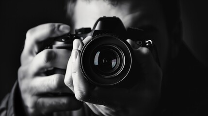 Photographer man viewing his photos on the camera