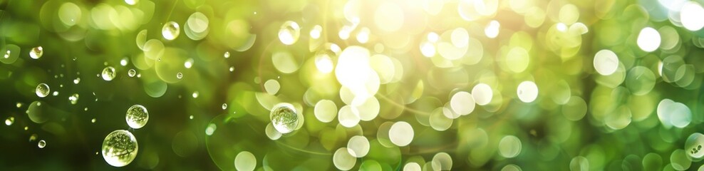 Fototapeta premium Sunlit forest with sparkling bubbles and lush green foliage creating a serene natural ambiance. Generative ai