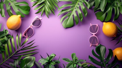 Tropical Summer Background with Pink Sunglasses.