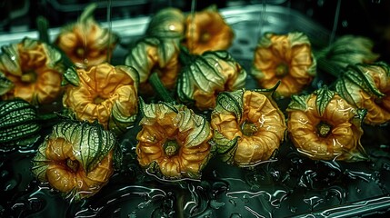 Fototapeta premium Orange flowers sit on a metal tray atop an oven burner