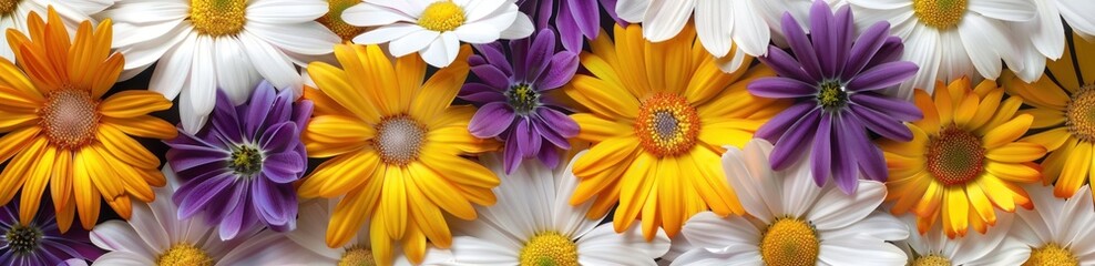 Vibrant yellow, white, and purple daisies creating a cheerful floral background for spring and summer. Generative ai