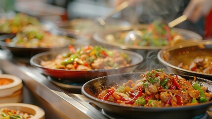 Obraz premium Close-up of sizzling street food dishes in a bustling market.