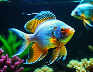 Fototapeta premium Colorful fish swim gracefully in a well-lit aquarium. The tank is decorated with coral, plants, and gravel, creating a vibrant underwater scene. Undersea world. Aquariums as a hobby. AI generated