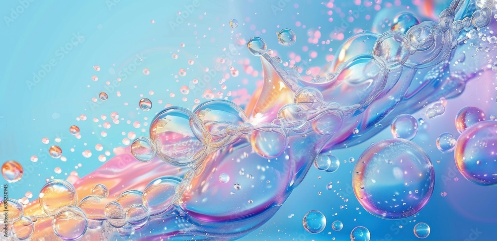 Sticker abstract background with floating bubbles and fluid blue gradient, creating a vibrant and dreamy und