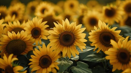 Fototapeta premium A sizeable assembly of sunflowers, their petals yellow and their leaves verdant, populates the foreground Background includes fewer sunflowers