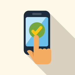 Hand is confirming an action on a smartphone by tapping a check mark icon