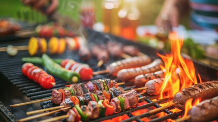 Fototapeta premium Barbecue grill with grilled sausages and vegetables, closeup. And roasted grilling on fire with smoke and flame, healthy eating, picnic lunch preparation.