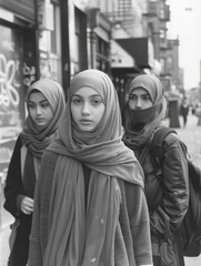 Portrait of three women wearing traditional Islamic headscarves, in black and white