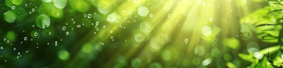 Fototapeta premium Abstract blurred green background with sun rays and flying bubbles creating a fresh and vibrant scene. Generative ai