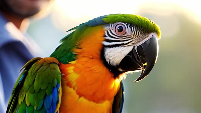 A parrot perched on its owner shoulder, the camera capturing the vibrant colors of its feathers.