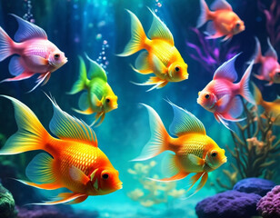 Naklejka premium Colorful fish swim gracefully in a well-lit aquarium. The tank is decorated with coral, plants, and gravel, creating a vibrant underwater scene. Undersea world. Aquariums as a hobby. AI generated