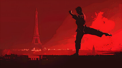 Karate: A minimalistic illustration of a karateka performing a high kick with the Eiffel Tower behind on a red background.


