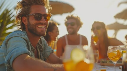 A man sits at a table, holding a glass of orange juice People form a background group in the scene