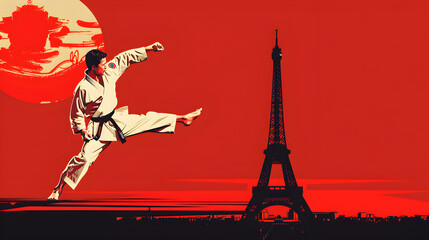 Karate: A minimalistic illustration of a karateka performing a high kick with the Eiffel Tower behind on a red background.


