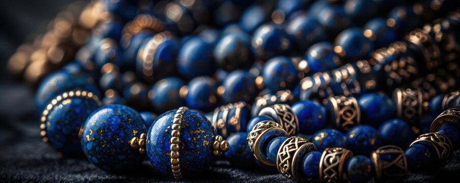 Visualize a banner showcasing a collection of lapis lazuli jewelry, elegantly laid out on a velvet background with room for copy