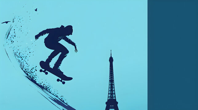 Skateboarding: A minimalistic illustration of a skateboarder performing a trick with the Eiffel Tower in the background on a blue background.
