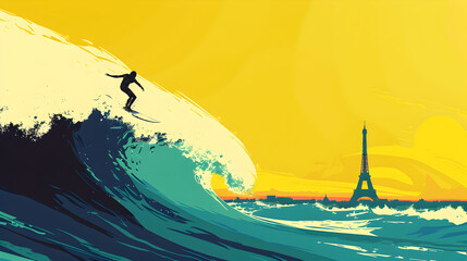 Surfing: A minimalistic illustration of a surfer riding a wave with the Eiffel Tower in the distance on a yellow background.


