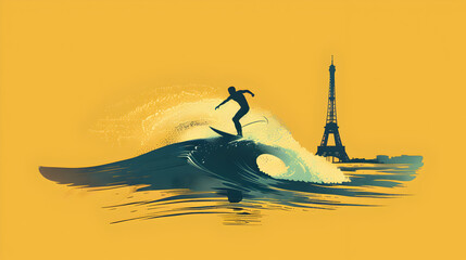 Surfing: A minimalistic illustration of a surfer riding a wave with the Eiffel Tower in the distance on a yellow background.


