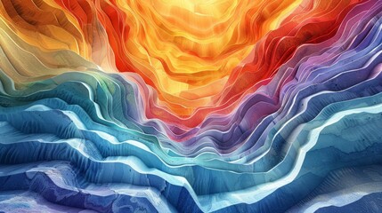  Multicolored mountains with a rainbow-hued sky and a golden sun at its center