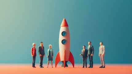Miniature figures stand before a rocket, symbolizing teamwork, innovation and success.