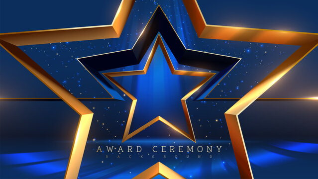 Elegant 3D star display stand with sparkling decoration and bright blue spotlights. Ideal for award ceremonies, celebrations and recognition events. Vector illustration.