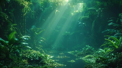  A forest teeming with numerous green plants, bathed in sunlight filtering through trees' leafy branches