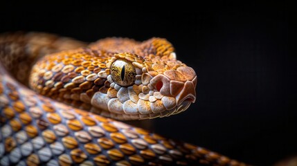 Obraz premium Visualize a rattlesnake in a striking pose, on a pure black background, with a horizontal layout for banner use and copy space