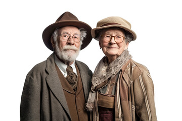 Fototapeta premium Happy grandparents wearing old fashioned clothes alone against transparent background