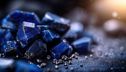 Visualize a sophisticated banner showcasing a lapis lazuli sculpture, with a soft, monochrome background and extensive text area