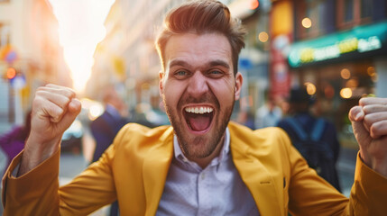 Portrait happy young man celebrating success in city street. Ecstatic athlete with joy, confidence, satisfaction. Smiling male adult cheering, victory. Urban excited guy winning.