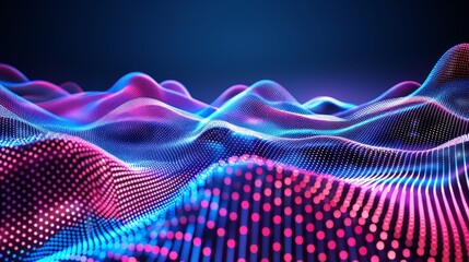 Abstract colorful digital particles wave forming cybernetic landscape background
