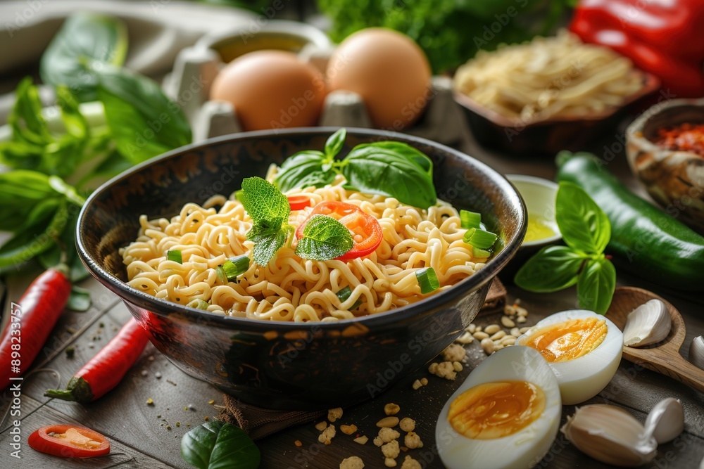 Poster a bowl of instant noodles topped with fresh herbs, peppers, and sliced eggs sits on a rustic kitchen