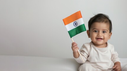 Indian baby holding the Indian flag and smiling against a white background, on Independence Day or Republic Day, cultural heritage, national pride