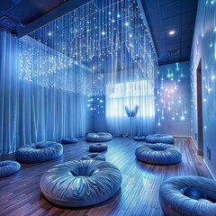 Sensory Room. Calming blue-lit space with fiber optic lights, cushioned seating, and soothing ambiance for sensory therapy and relaxation.